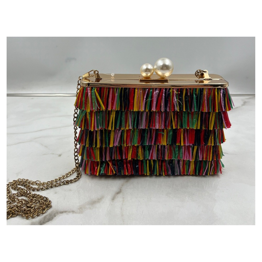 Multi Color Fringe Box Clutch Purse Gold Frame Pearl Clasp Crossbody Bag